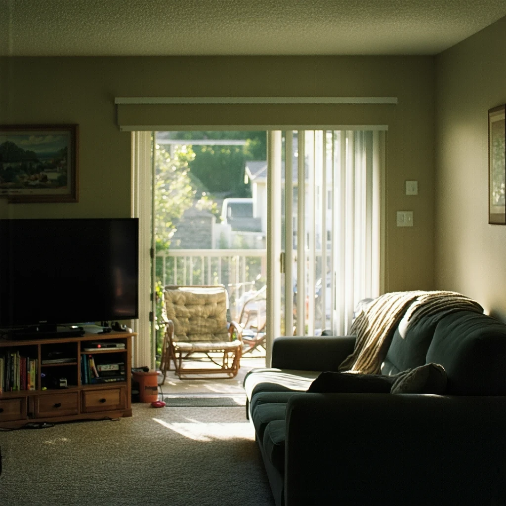 Sunlight filters into a small living room with a couch and bookshelf in an Escondido apartment.