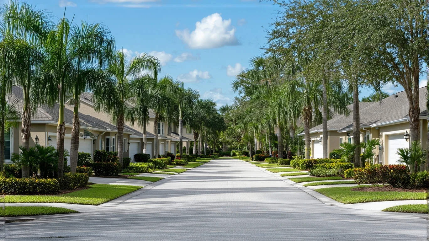 A sunny suburban street in Oviedo, Florida lined with stucco homes and palm trees.
