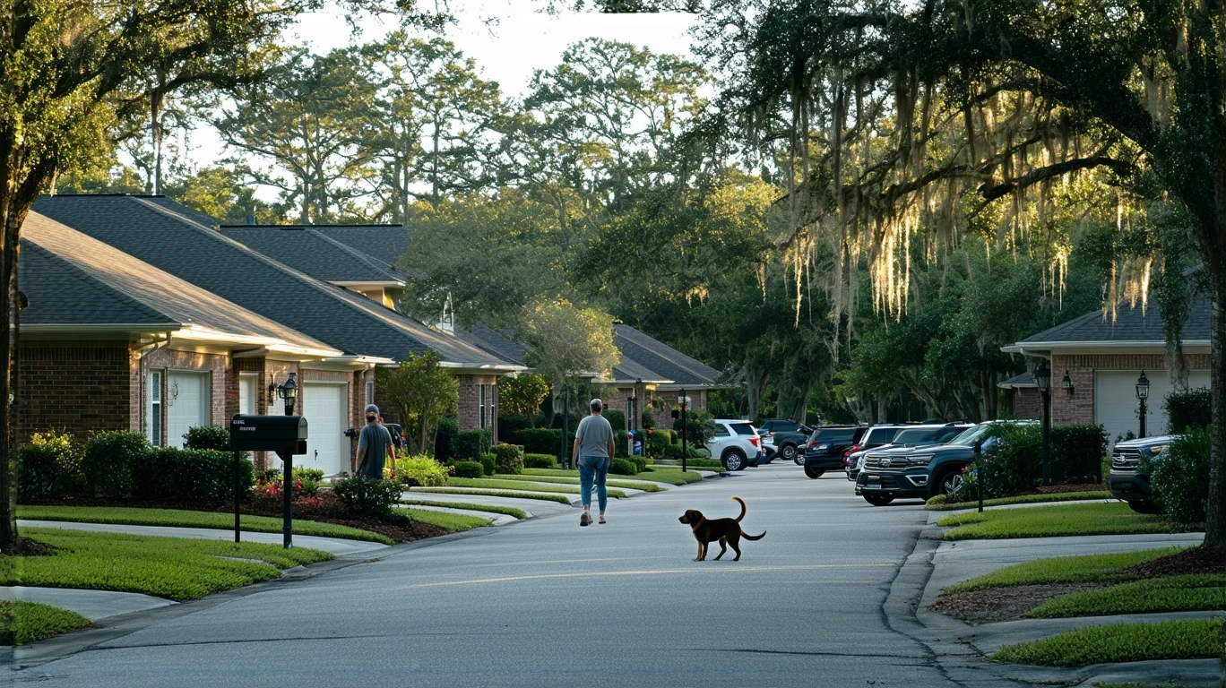 A person walking their dog on a sidewalk in a quiet suburban neighborhood with craftsman-style homes in Apopka, Florida.
