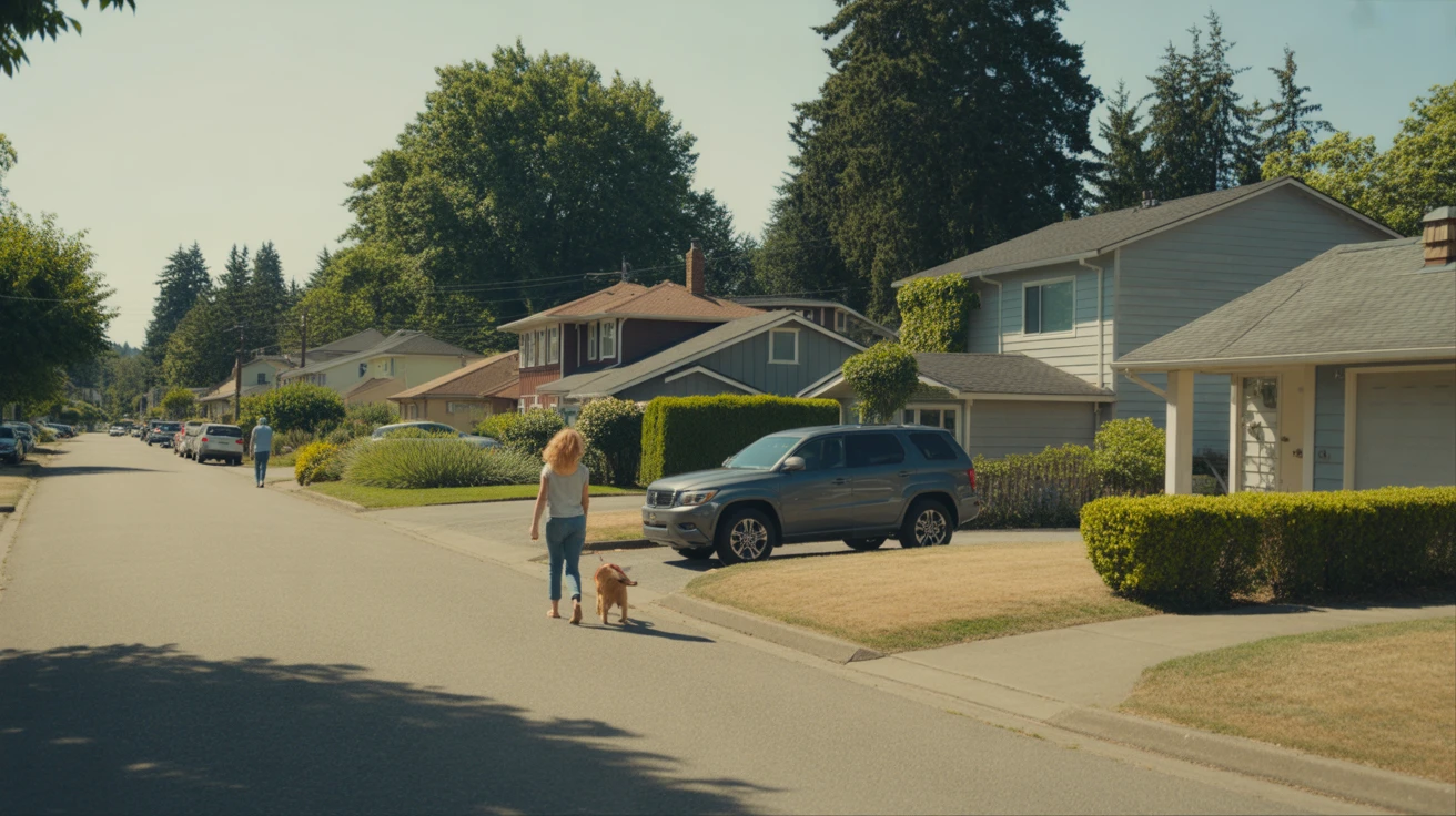 A woman walks her dog on a sidewalk lined with craftsman-style homes in Renton, Washington on a sunny day.