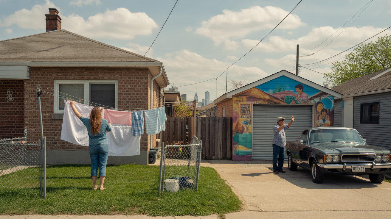 Woman hangs laundry in backyard of Cicero IL bungalow, as neighbor waves hello and vibrant mural adorns garage