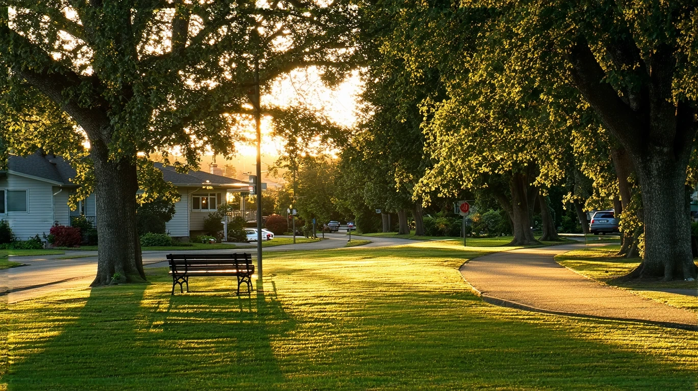 A quiet park lawn in Edmonds, WA with empty benches and golden-hour light stretching across the grass under old oak trees.