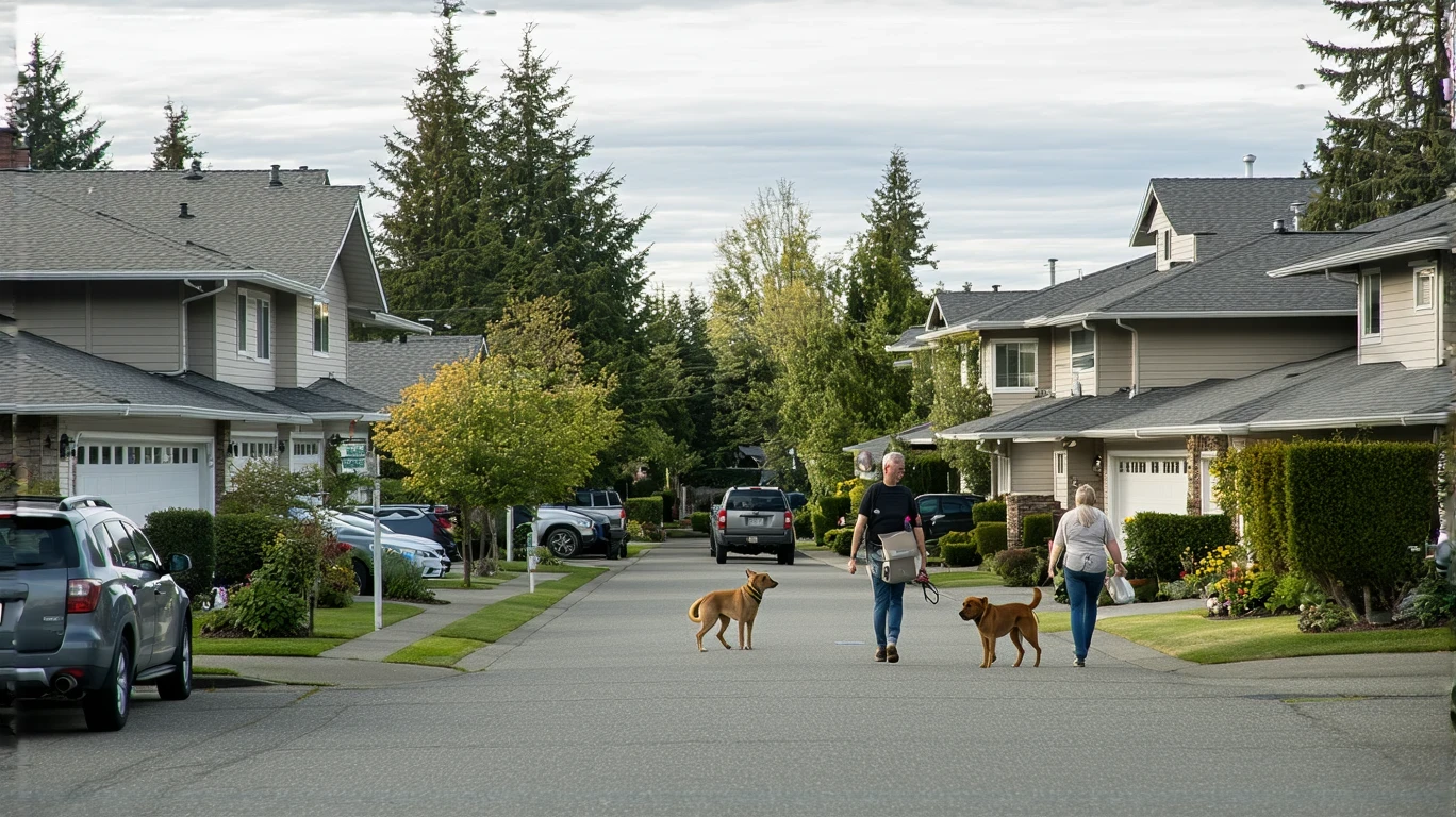A residential street in Everett, WA with craftsman homes, a man walking a dog, and a woman carrying groceries.