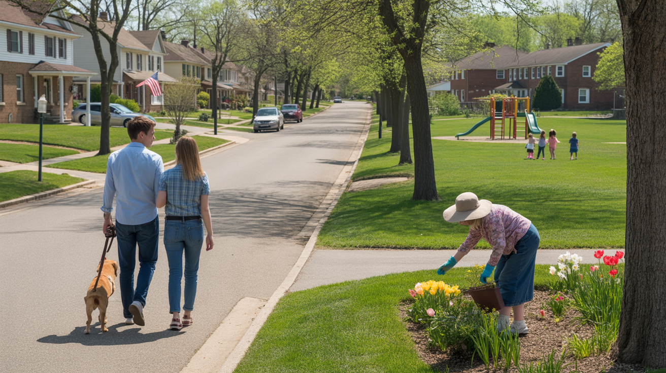 A couple walks their dog past tidy brick homes in an Okolona neighborhood on a sunny spring morning.
