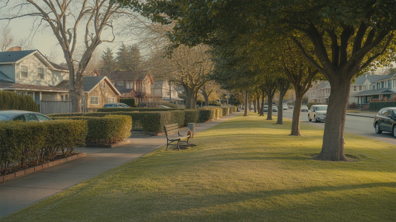 A view of a small neighborhood park in Seattle with a path, bench, and houses visible