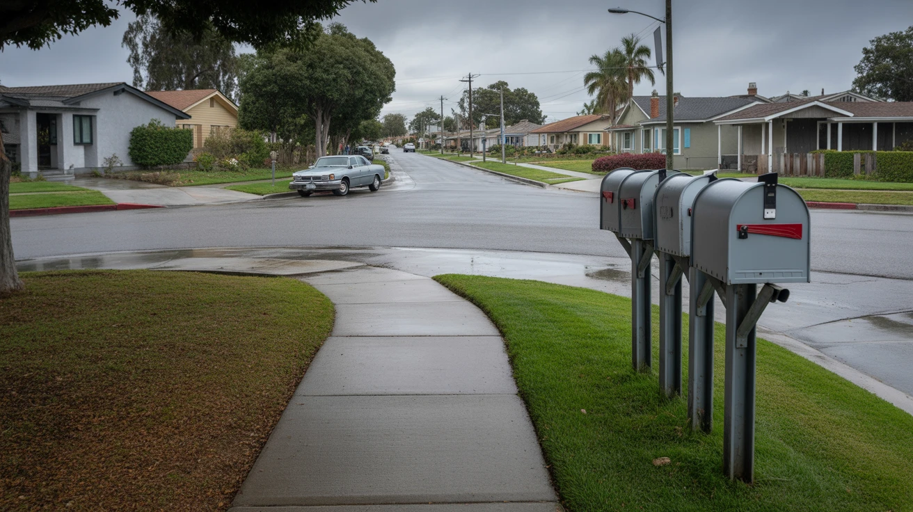 A suburban street in El Cajon with mailboxes and modest homes on a cloudy day.