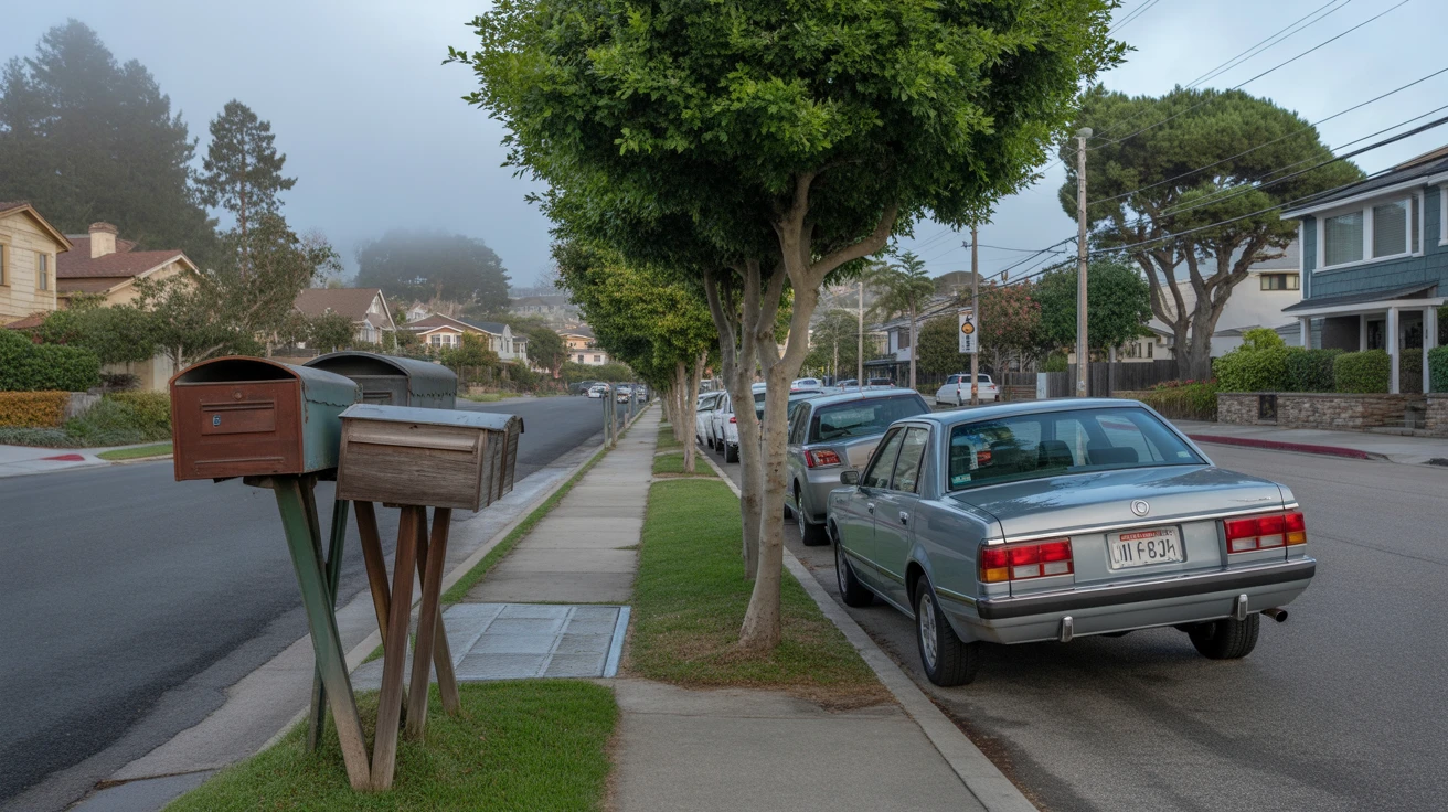 A misty morning street in San Diego with a Japanese maple and an older sedan.