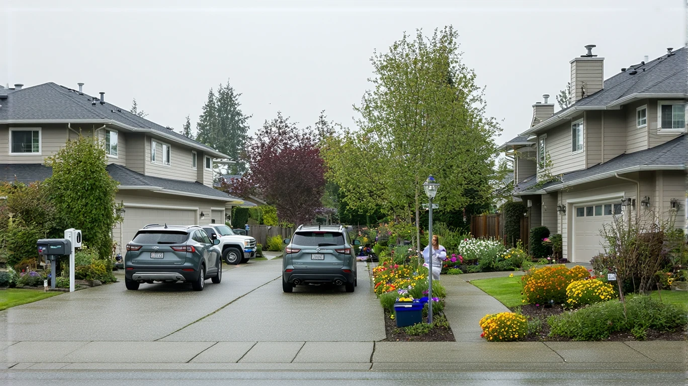 Suburban street in Everett, WA with craftsman homes, an electric car charging in a driveway, and a woman reviewing papers inside her house.
