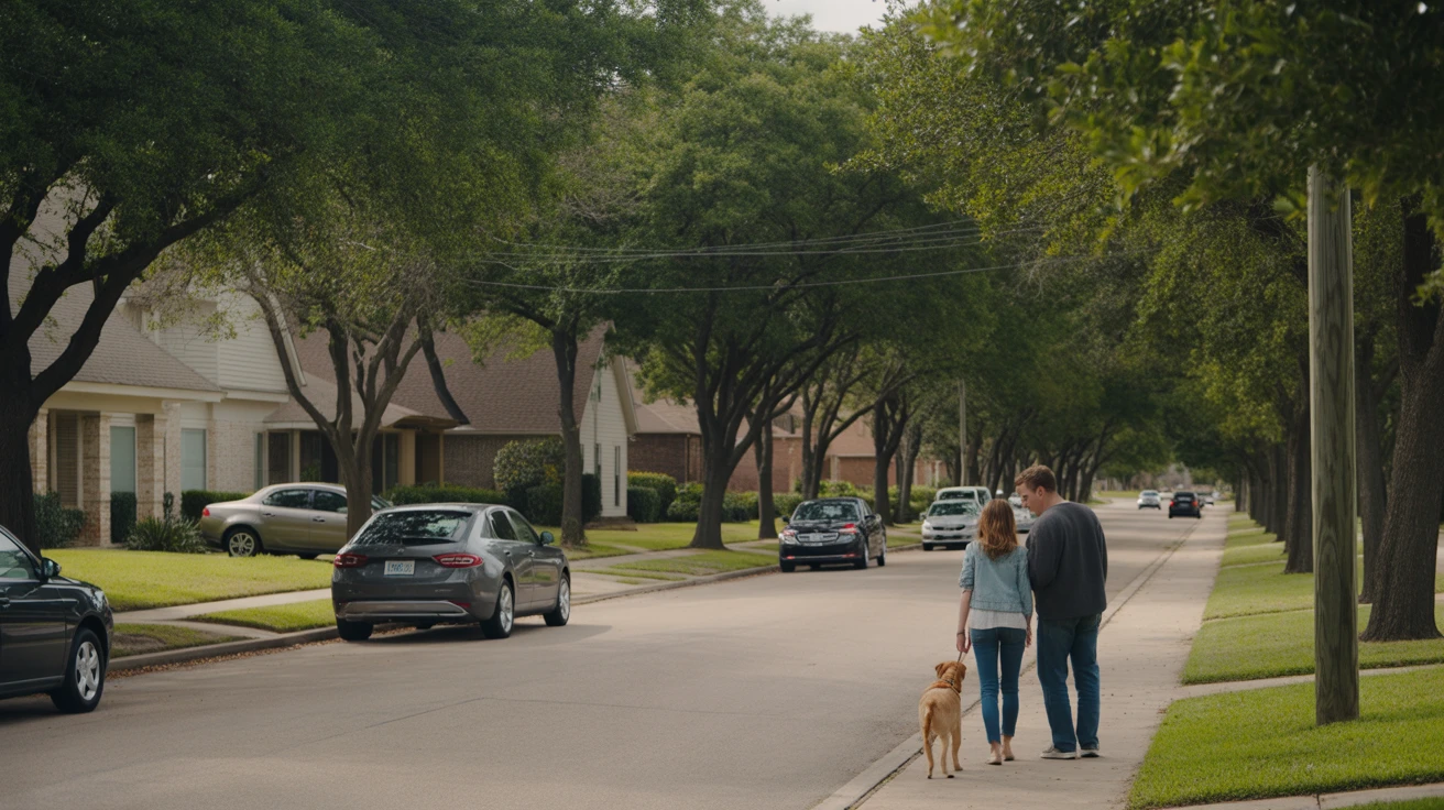 A sunny suburban street in Carrollton, Texas with modern homes, parked cars, and a couple walking their dog on the sidewalk.