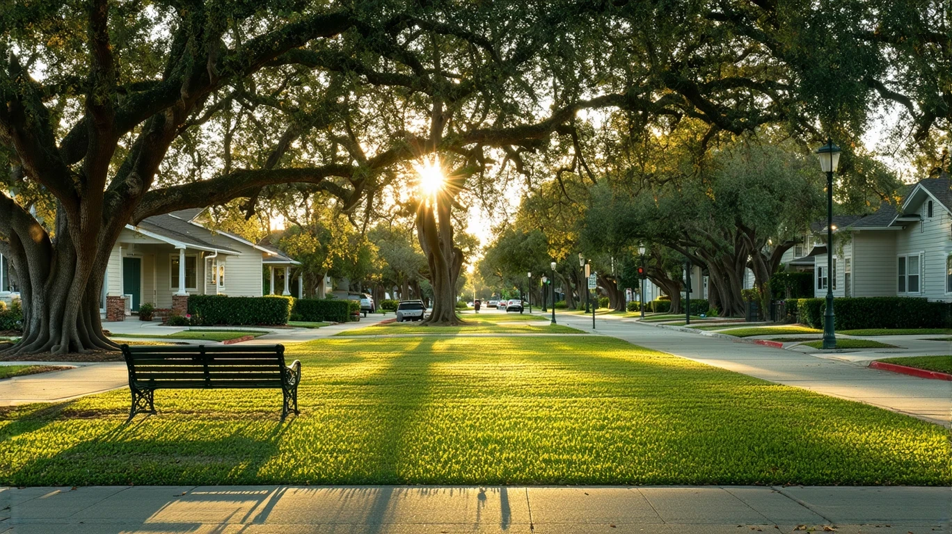 A tranquil park lawn in Lemon Grove, California with empty benches and oak trees in golden afternoon light