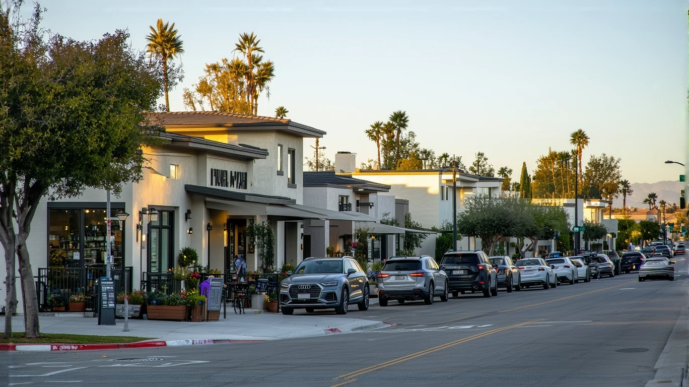 Mom and pop businesses on a Chula Vista neighborhood street in the evening, with a few people on the sidewalk