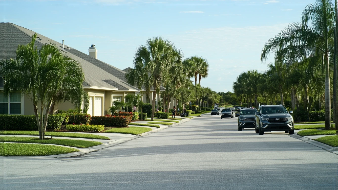 A quiet suburban street in Clearwater, Florida with modest homes, parked cars, and a few residents out and about on a sunny day.