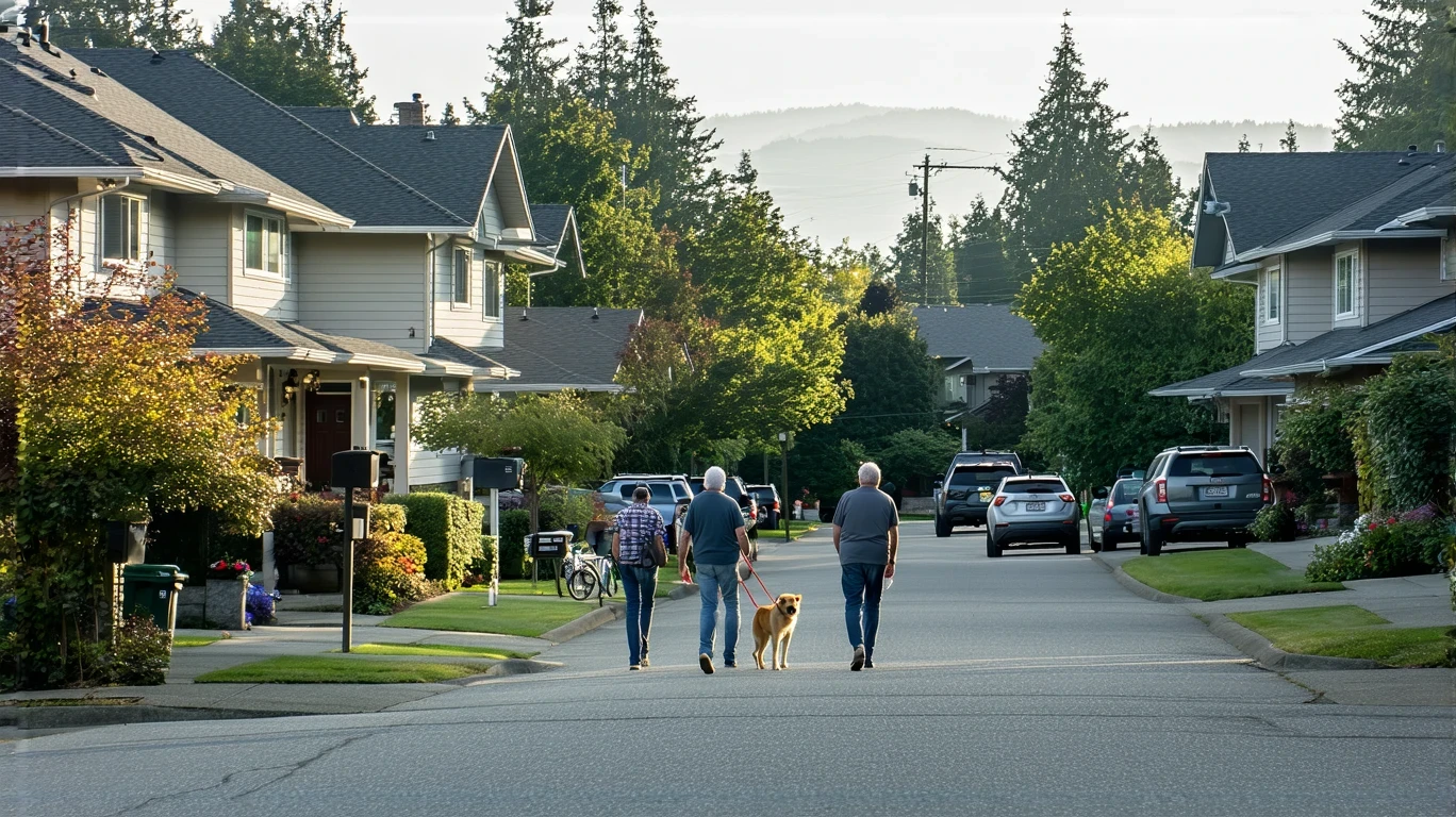A retiree walking their dog waves to a neighbor on a quiet suburban street in Federal Way, Washington lined with craftsman-style homes and neat landscaping.