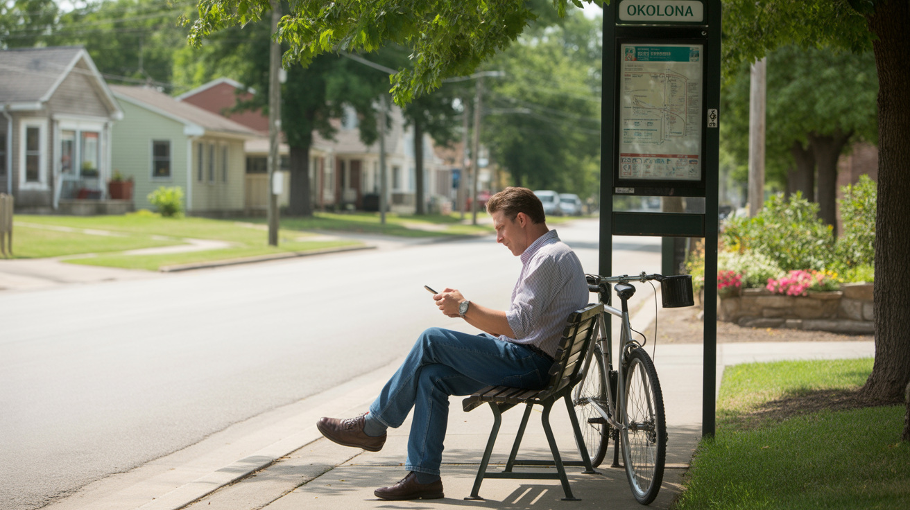 A man waiting at a shaded suburban bus stop next to his bicycle in Okolona, Kentucky.