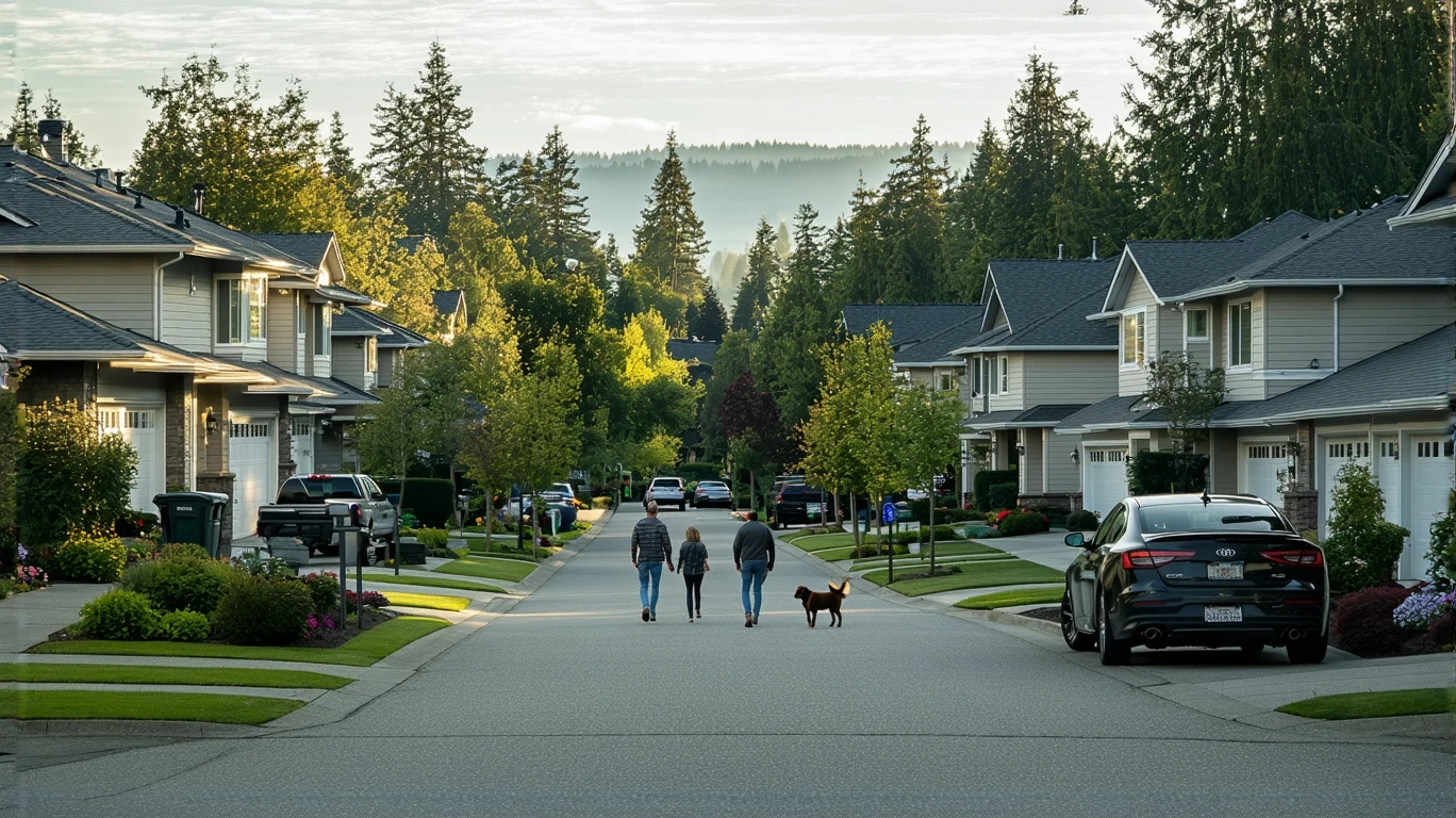 Couple walking dog on sidewalk in front of craftsman-style homes in Bothell, WA neighborhood