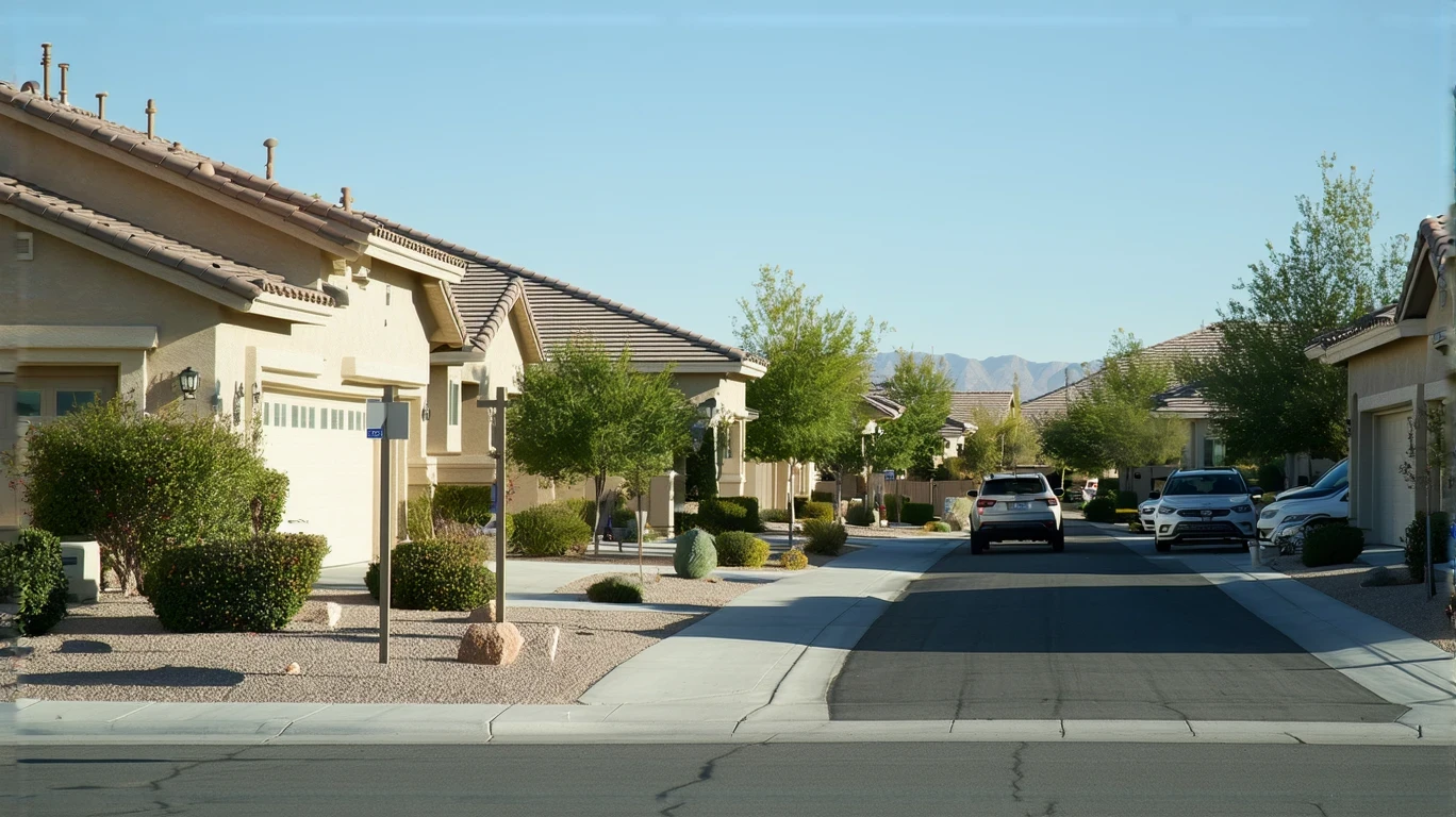 Suburban street in Summerlin South with stucco homes, xeriscaped yards, for sale sign