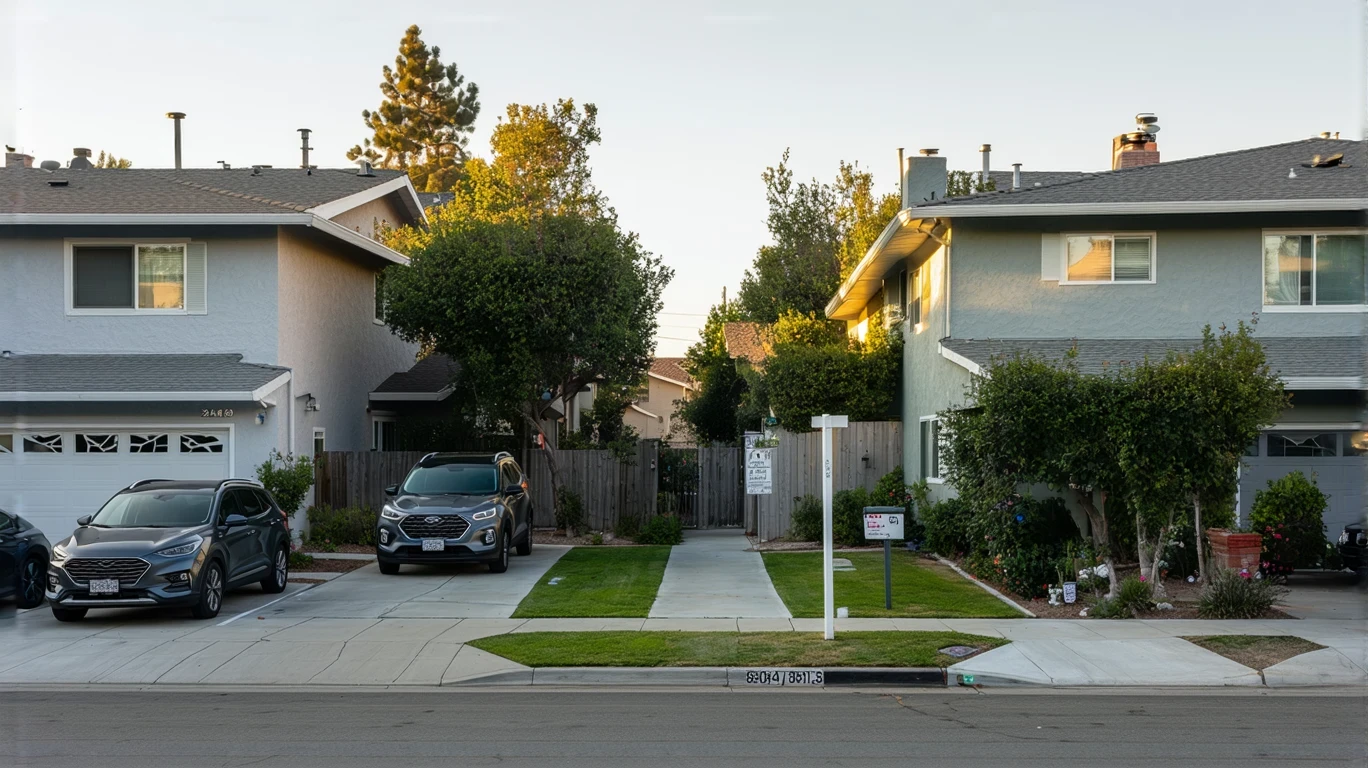 A view of a single family home next to a small apartment building on a residential street in Carlsbad, California.