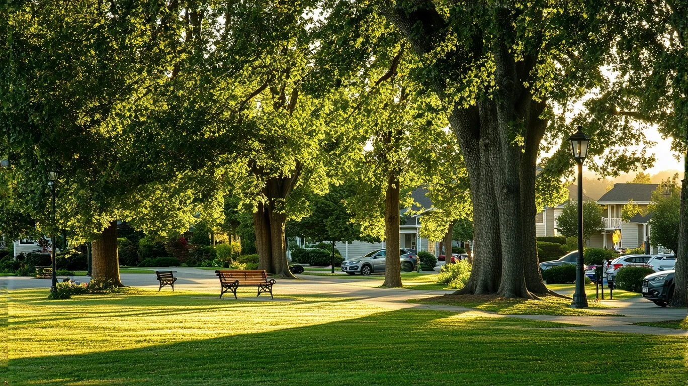 A tranquil park lawn in Shoreline, WA with wooden benches beneath old oak trees in the late afternoon light.