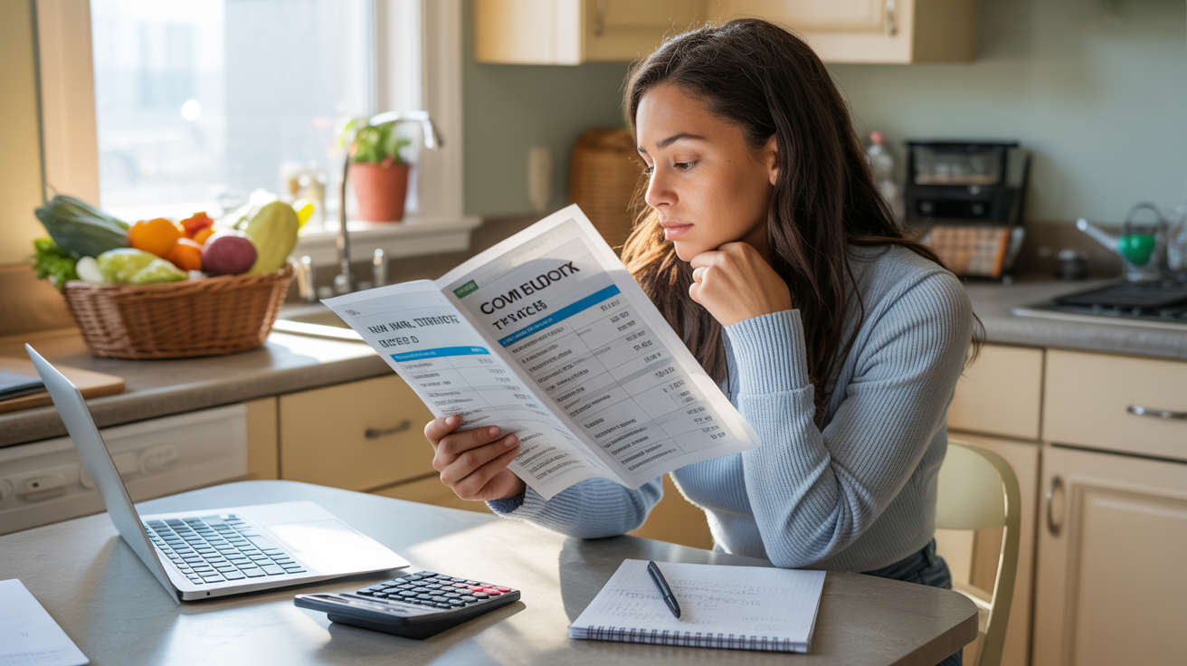Woman reviews community newsletter with information on new utility fees while working on monthly budget at kitchen table