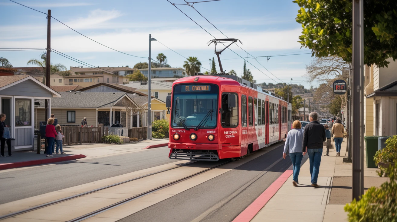 A red Metropolitan Transit System trolley traveling along the tracks on a sunny day in a suburban El Cajon neighborhood, with a few people walking or waiting nearby.