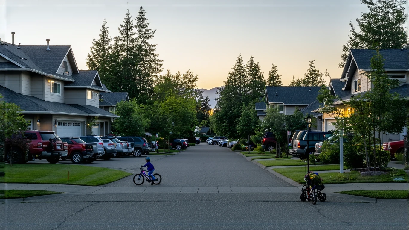 A child's bicycle lying on a suburban cul-de-sac in Auburn, Washington at dusk with porch lights turning on.