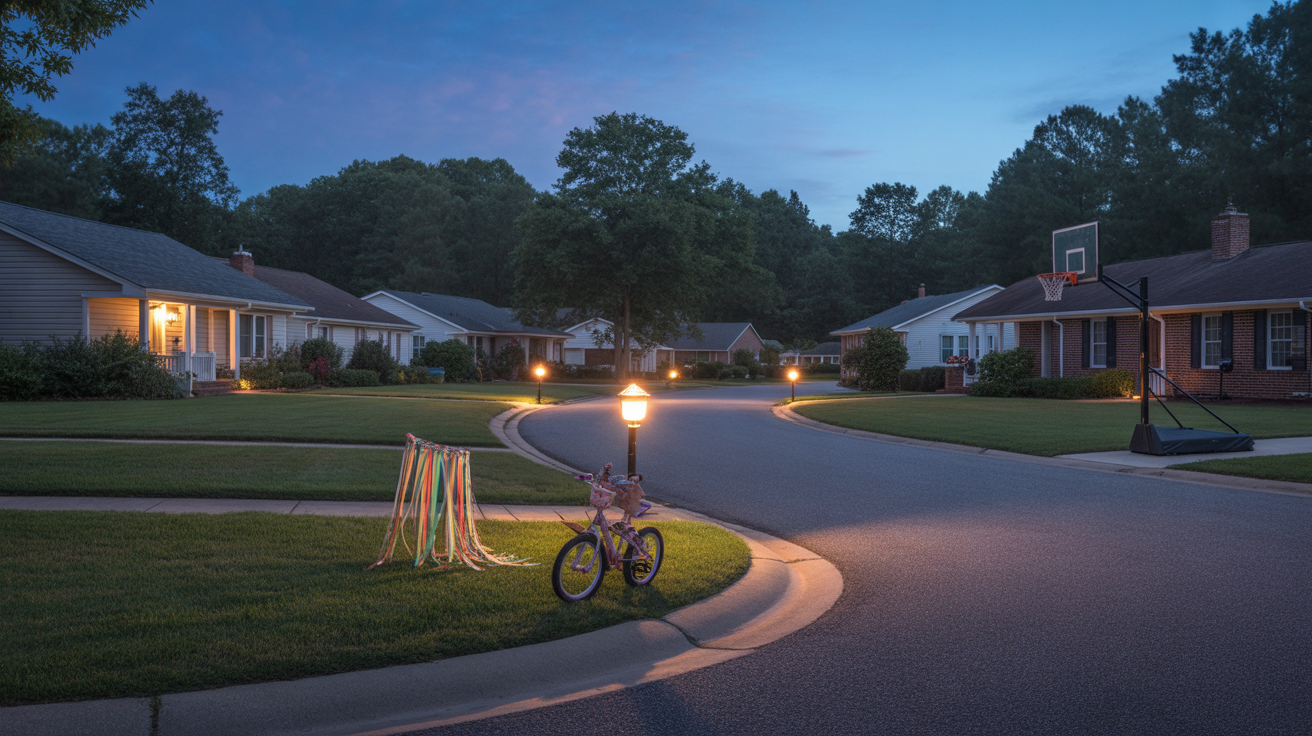 A cul-de-sac in Holly Springs, NC at dusk with porch lights turning on and a child's bicycle near the curb.
