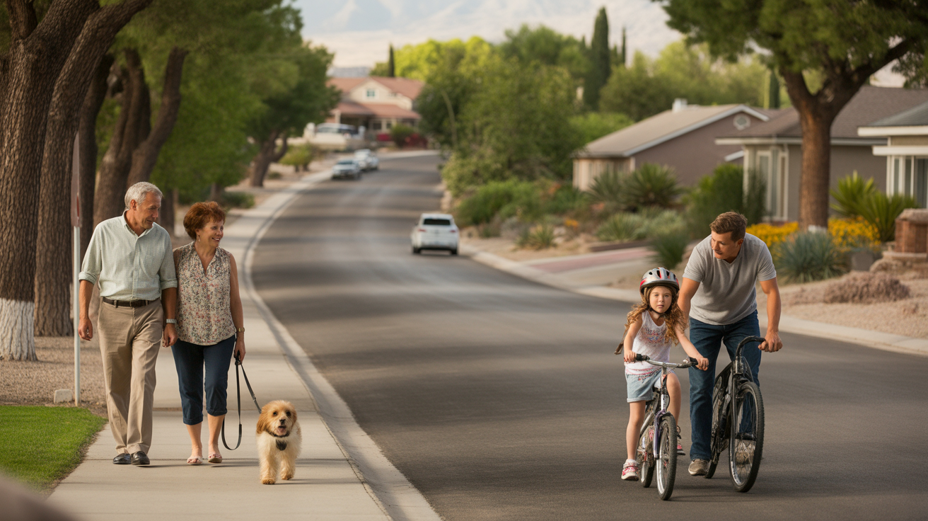 A tree-lined suburban street in Enterprise, NV with ranch homes, xeriscaped yards, residents walking and biking.