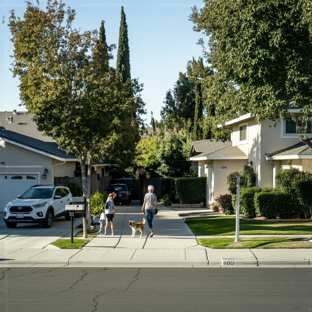 A residential street in Santee, California with modest homes, parked cars, and two people going about their day - a woman walking her dog and a man gardening.