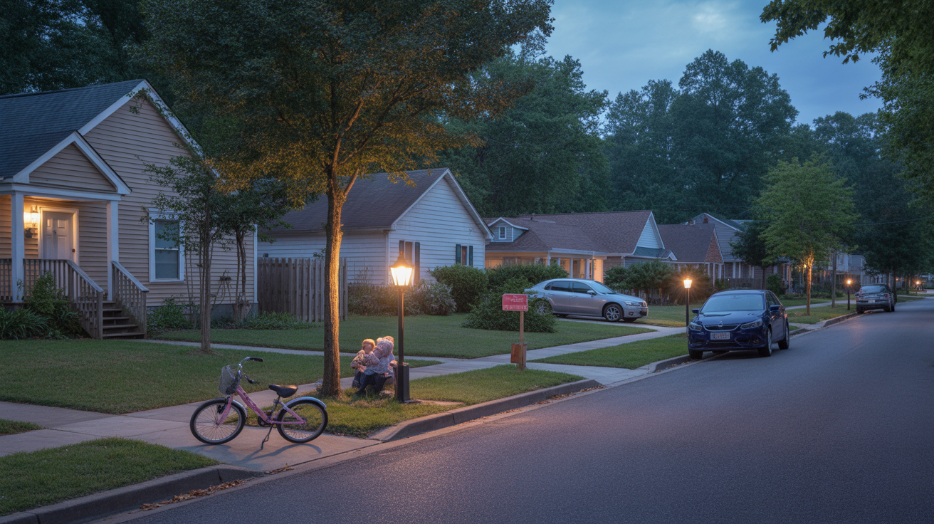 A residential street in Holly Springs, NC at dusk, with porch lights illuminating a child's bicycle on the sidewalk.