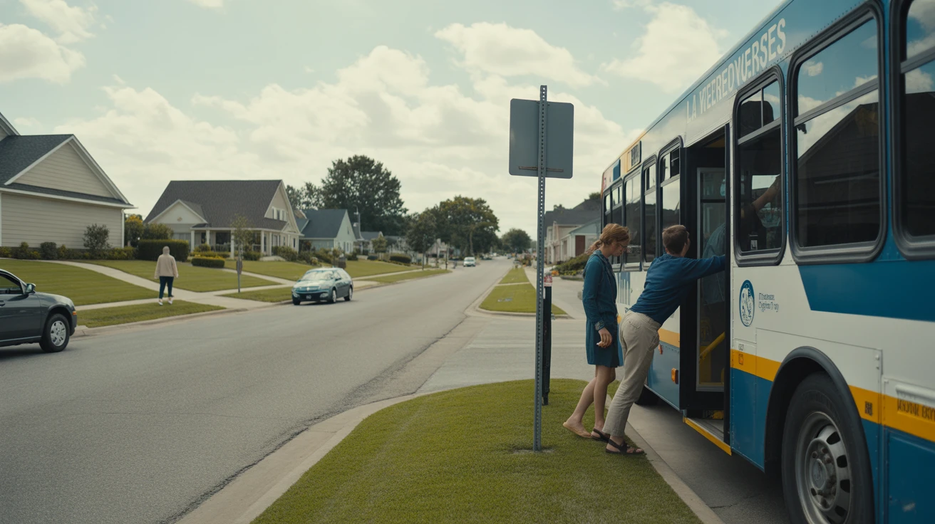 A city bus stopped on a residential street in La Vergne, Tennessee, with passengers boarding.