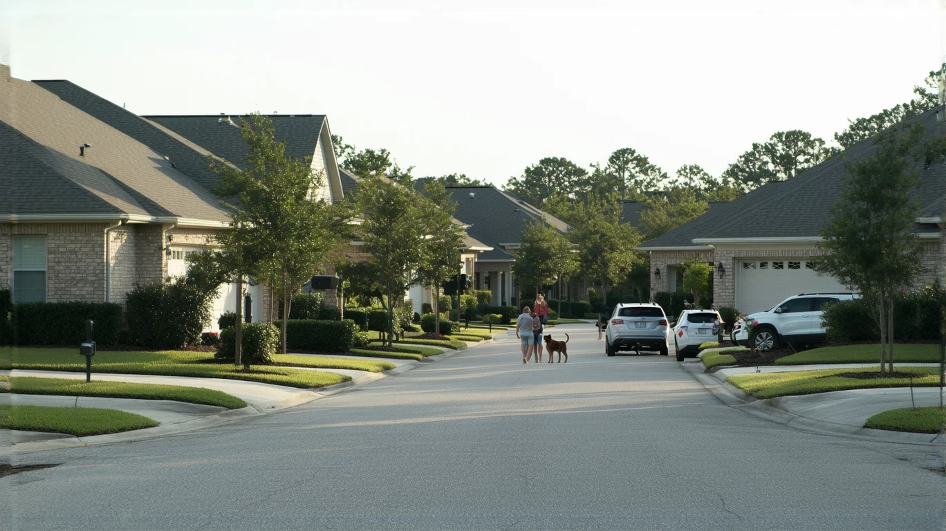 A sunny suburban street in Oviedo, Florida with two modest homes, a couple walking their dog, and a car parked in a driveway.
