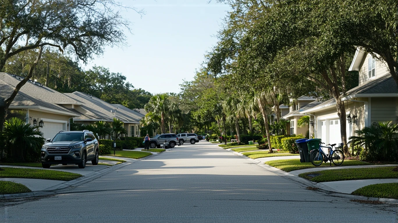 A sunny suburban street in Maitland, Florida lined with well-maintained craftsman and ranch-style homes, trees, and a person walking their dog on the sidewalk.