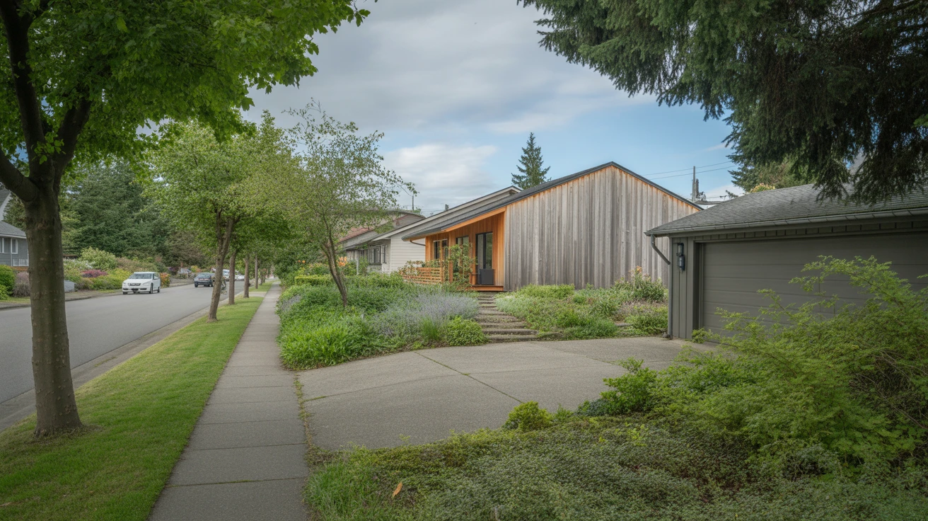 Modest Seattle home with wood siding, concrete driveway, and native landscaping on a quiet street.