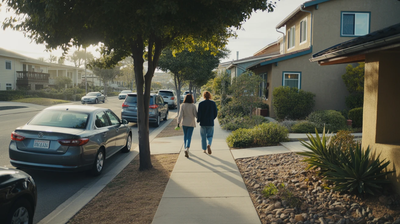 Residential street in San Marcos, California with modern single family homes, tidy xeriscaped yards, a young couple walking on the sidewalk, and a car parked along the curb.
