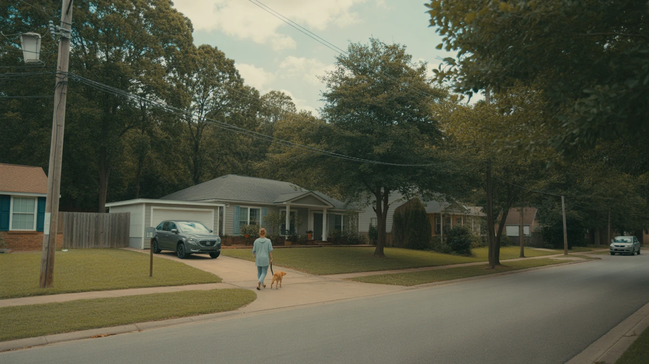 A modest single-family home on a tree-lined street in Spring Hill, TN with a person walking their dog on the sidewalk.