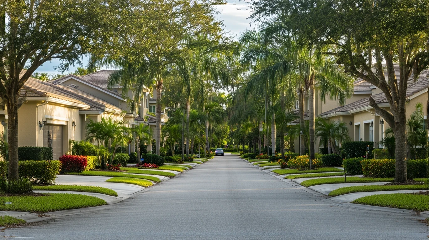 A quiet residential street in Orlando with stucco homes, tropical landscaping, and parked cars.