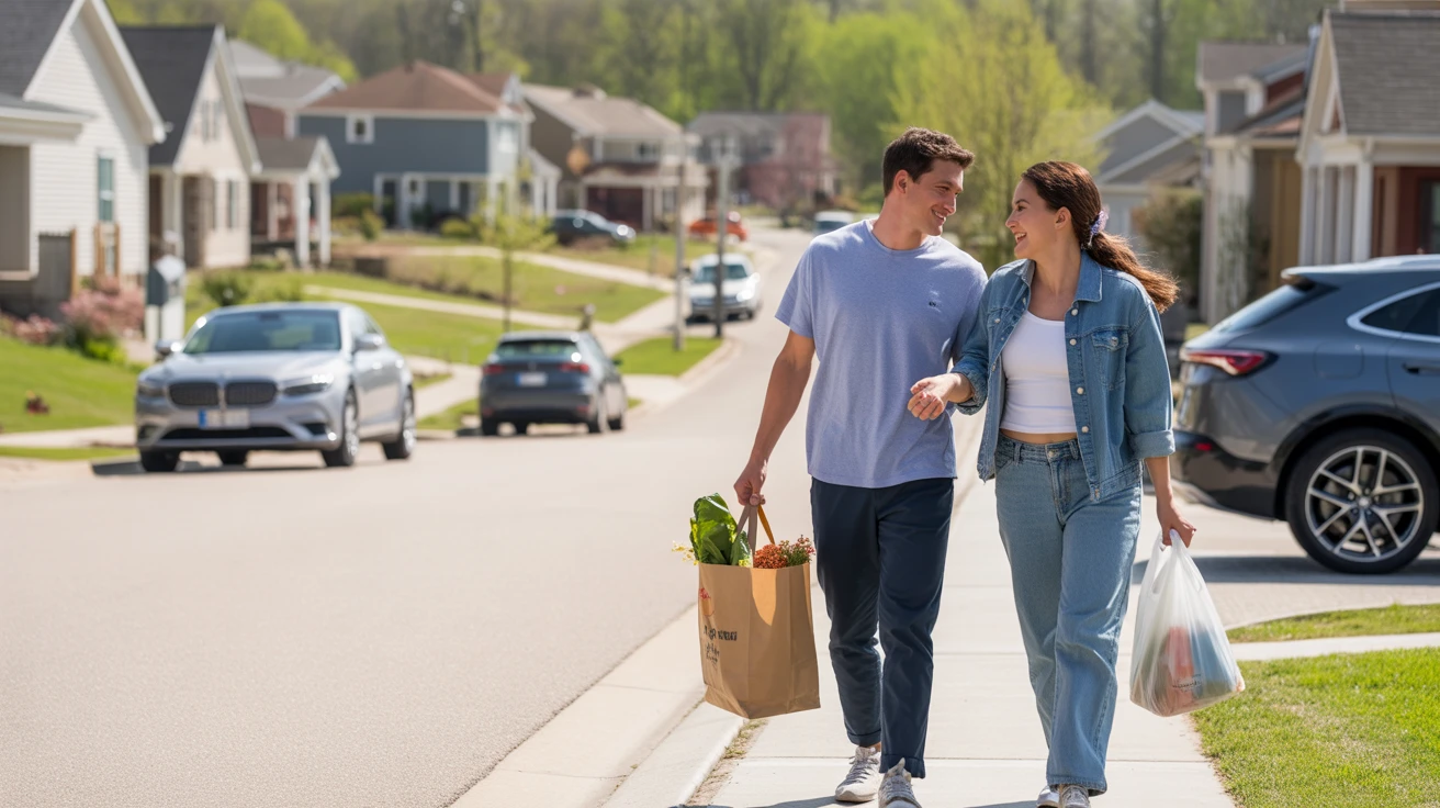 A young couple carrying groceries and walking down a sidewalk in a peaceful suburban neighborhood on a sunny day.