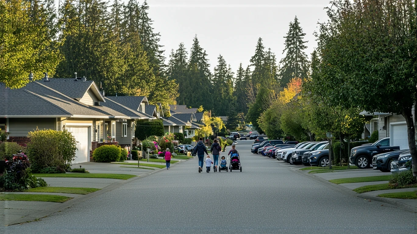 A peaceful residential street in Lynnwood, WA with craftsman homes, tidy landscaping, and a young family walking.