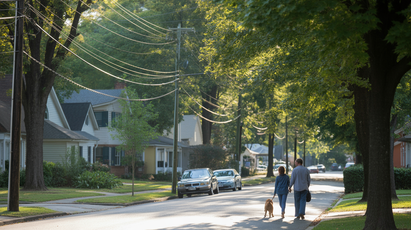 A tree-lined residential street in Garner, North Carolina on a sunny day