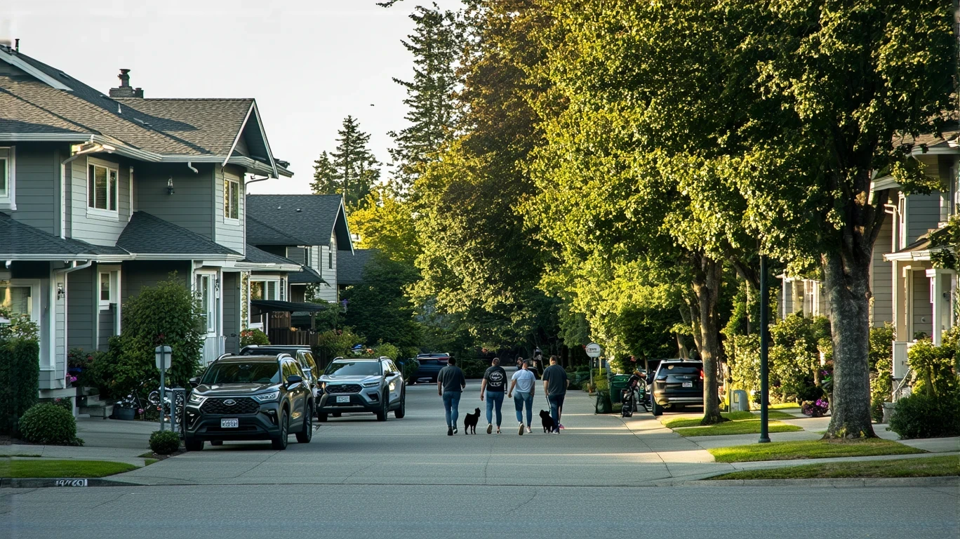 A sunny suburban street in Shoreline, WA with craftsman-style homes, a young couple walking their dog, and tidy landscaping.