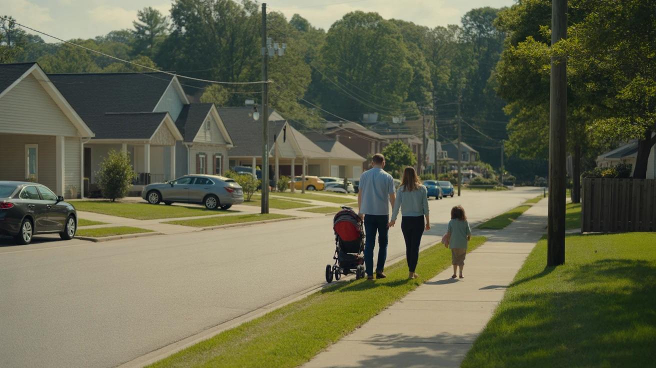 A sunny residential street in Spring Hill, Tennessee with modern homes and a young family walking on the sidewalk.