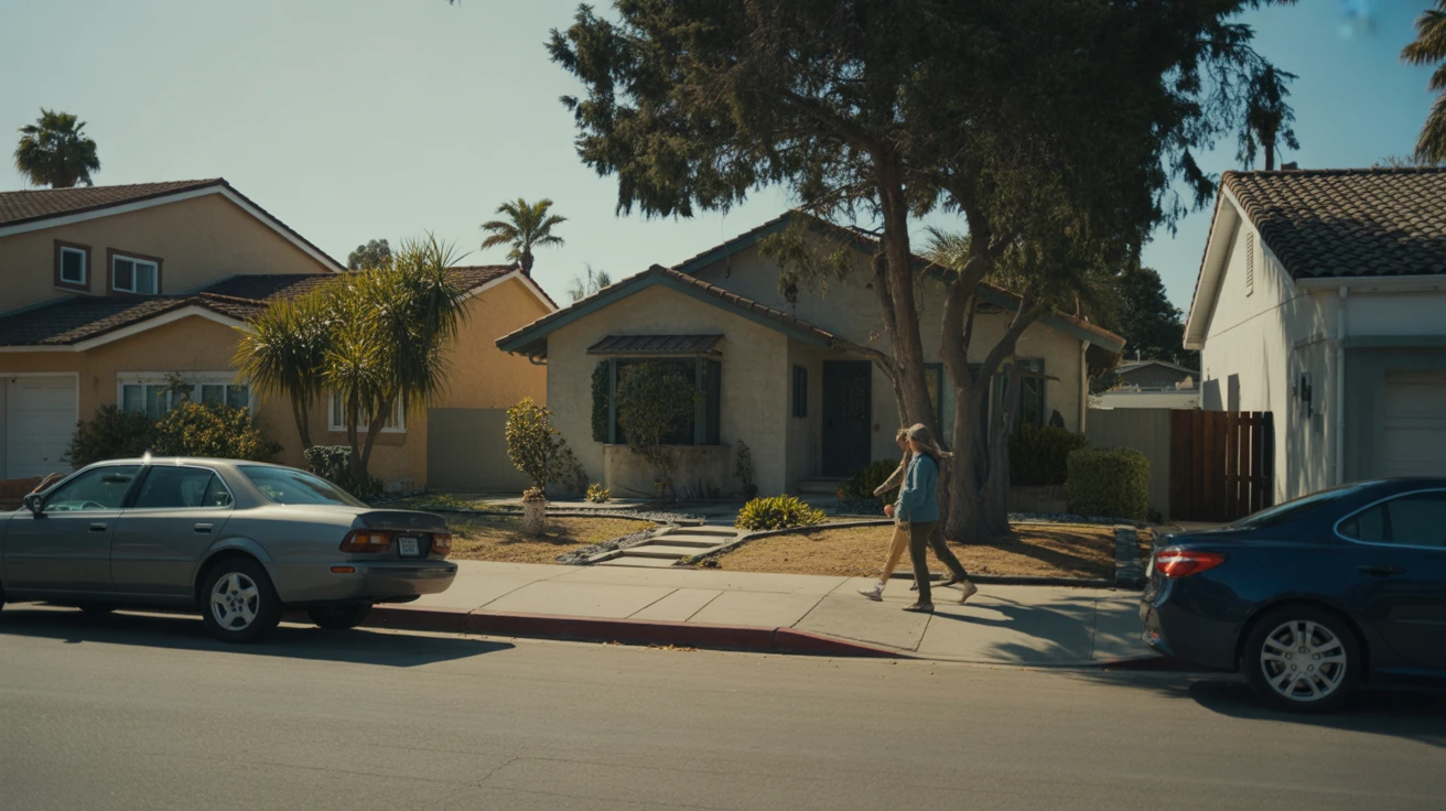 Exterior view of a bungalow home in a San Diego neighborhood, with a small front yard, driveway, and a person walking on the sidewalk.