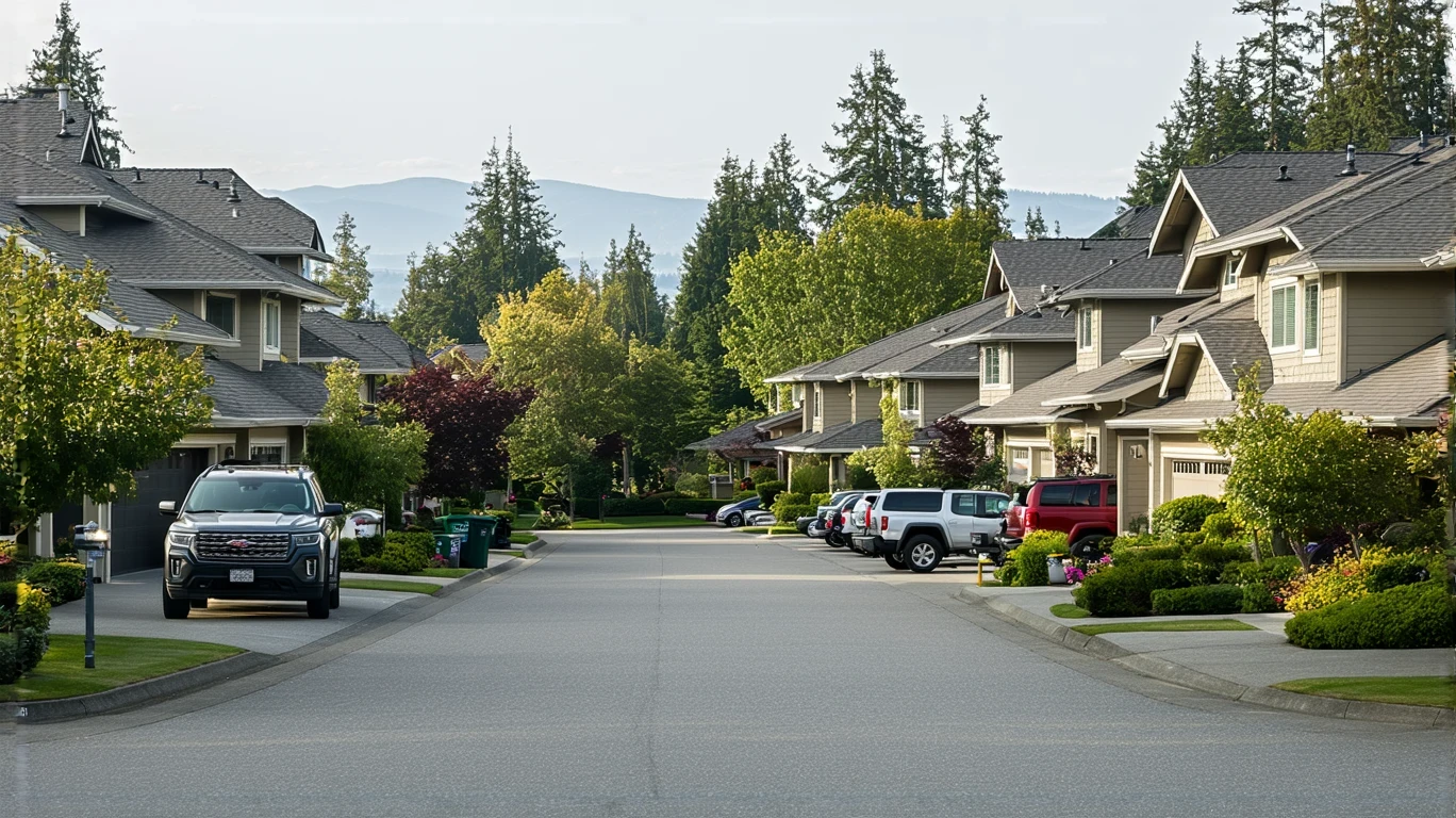 A quiet suburban street in Kirkland, Washington lined with craftsman-style homes and parked cars.