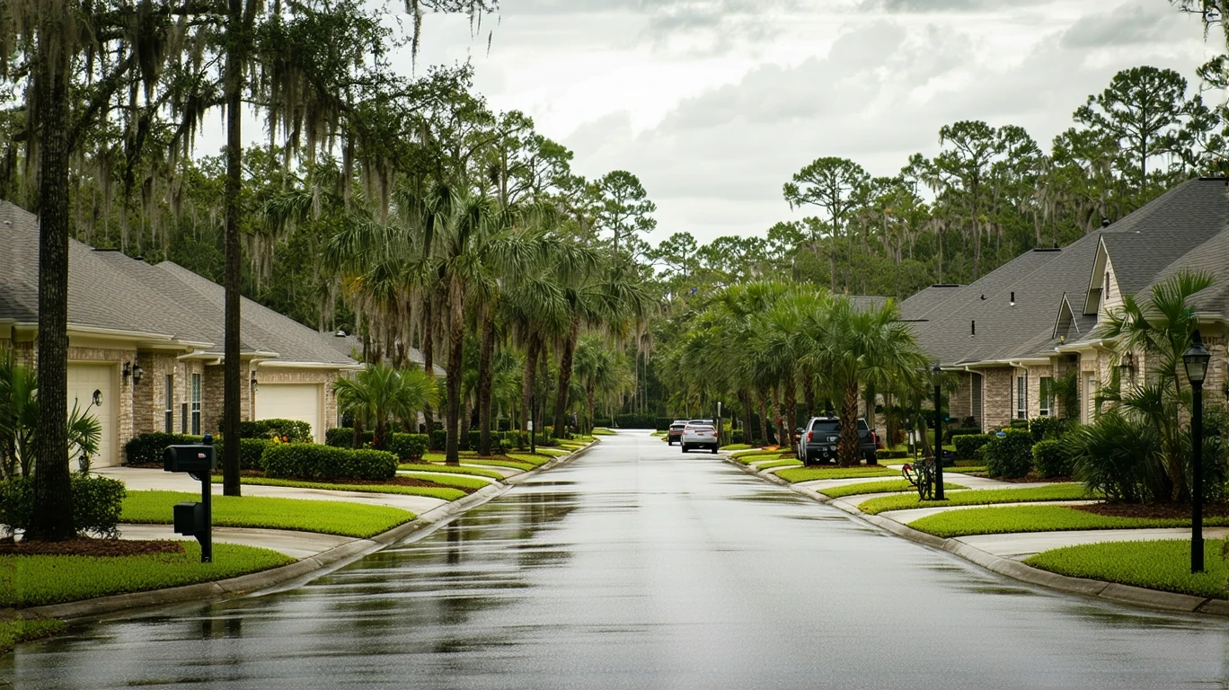 A palm-lined residential street in Oviedo, Florida after a rain shower, with wet pavement and parked cars.