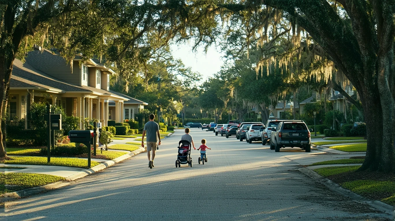 Quiet suburban street in Ocoee, Florida with craftsman-style homes and a father and daughter on the sidewalk.