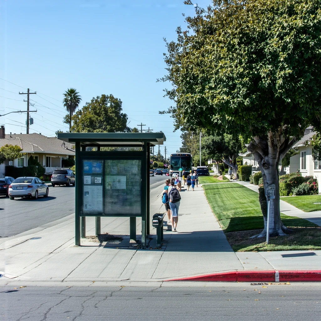 A bus stop shelter on a residential street in La Mesa, California with people waiting for the bus on a sunny day.