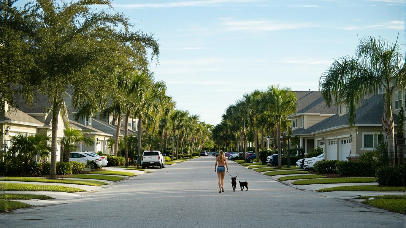 A quiet suburban street in St Petersburg, Florida with modest homes, tidy yards, and a woman walking her dog on the sidewalk.