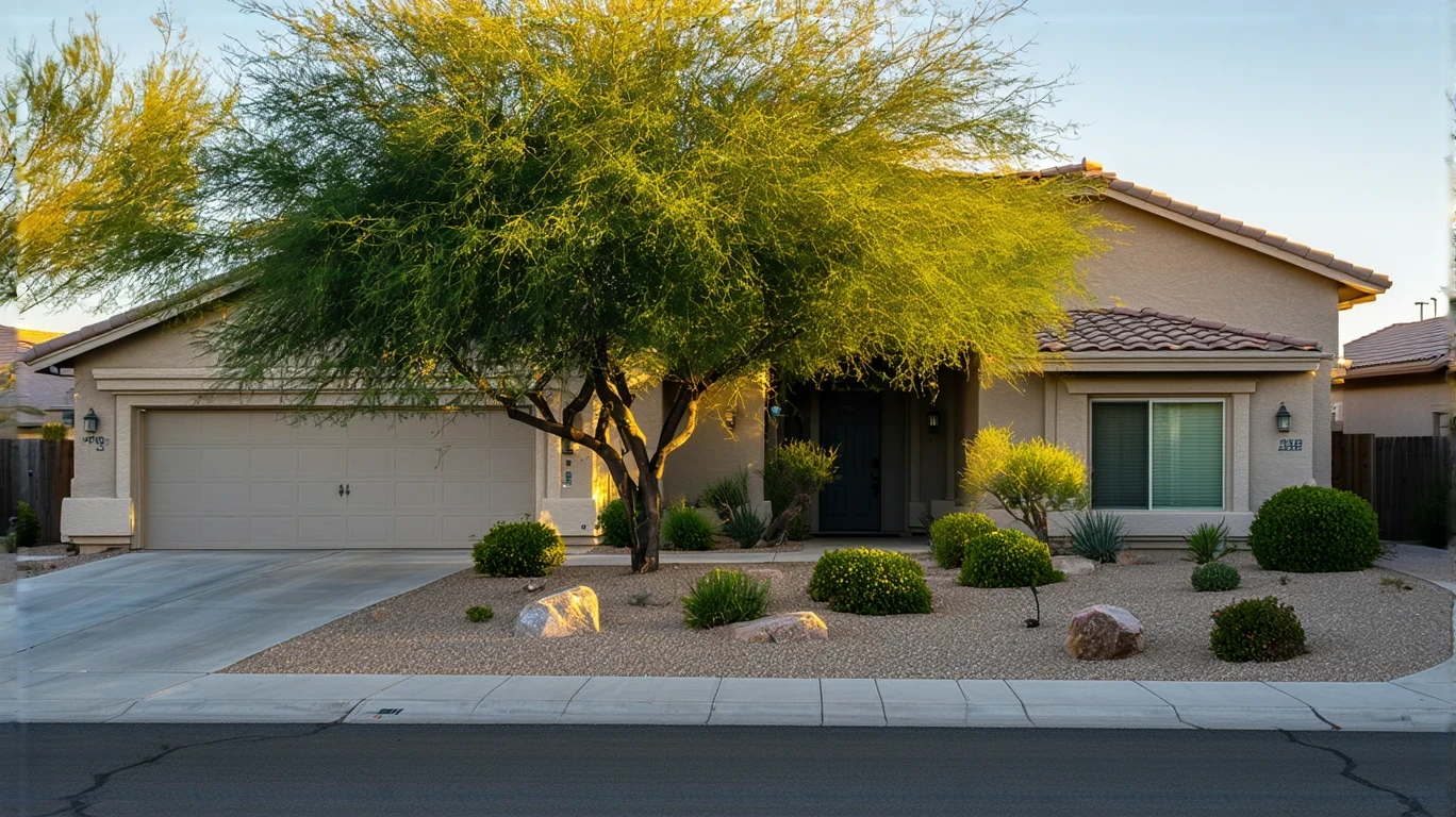 Exterior view of a well-maintained suburban home in Goodyear, Arizona with stucco walls, tiled roof, and desert landscaping.