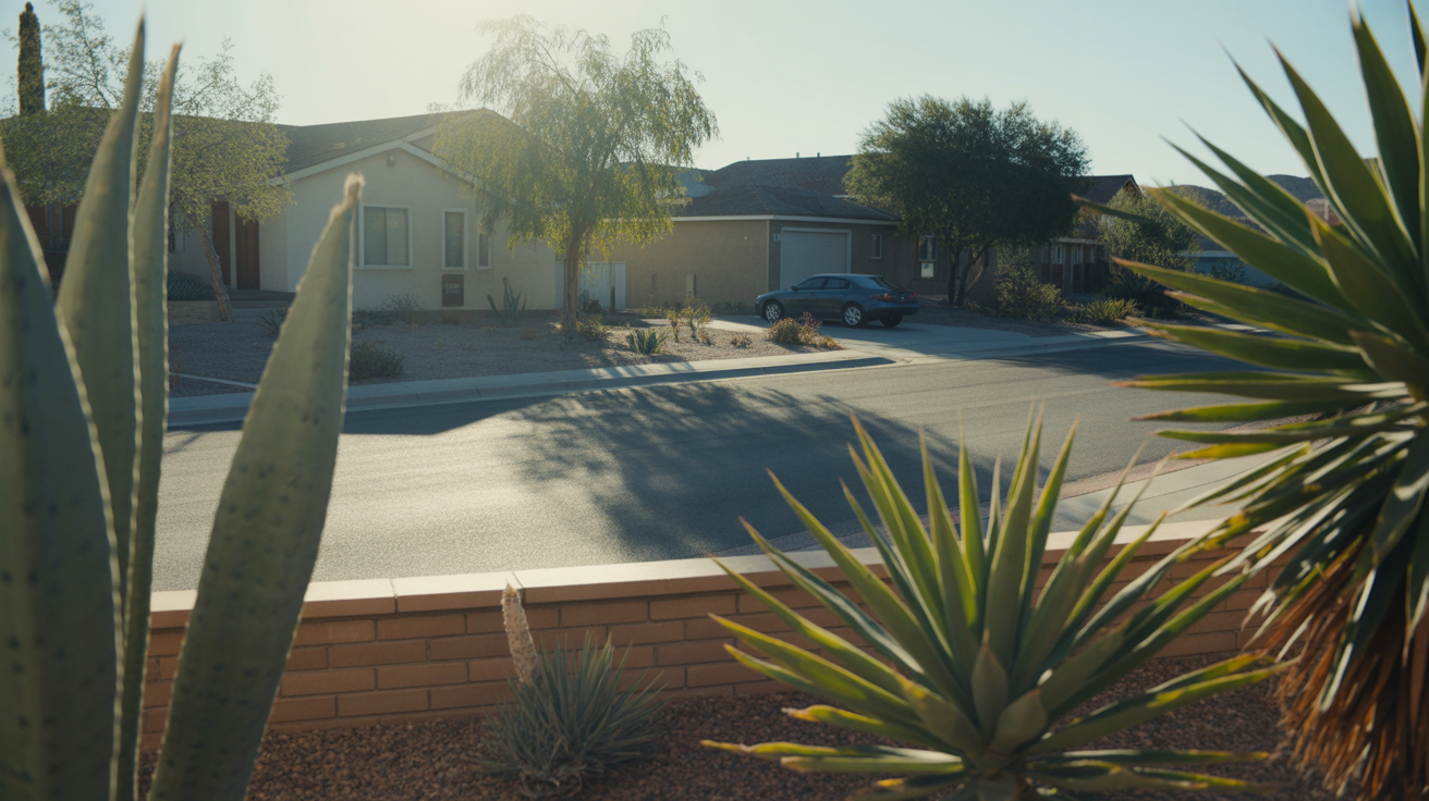 A quiet suburban street in Boulder City, NV with modest homes and desert landscaping in morning light.