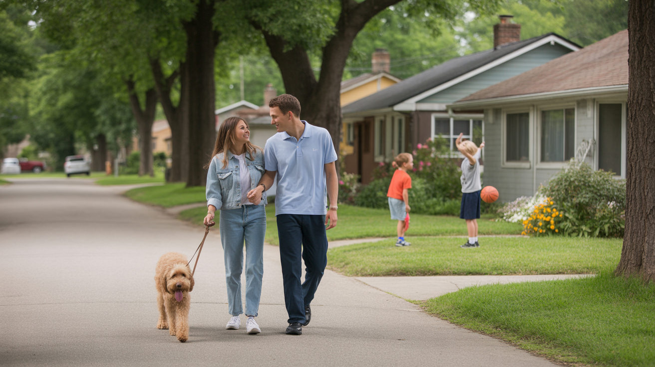 Couple walking dog on tree-lined street in Lyndon, KY